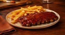 Duas porções de Junior Ribs servidas com acompanhamentos em uma mesa do Outback