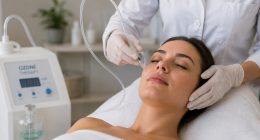 Profissional realiza procedimento de ozonioterapia em ambiente clínico.