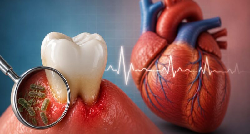 Ilustração mostra um dente em primeiro plano e um coração humano ao fundo, representando a relação entre saúde bucal e doenças cardiovasculares.