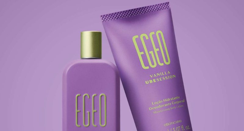 Frasco do perfume Egeo Vanilla Ubesession, do Boticário, com embalagem roxa
