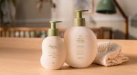 Produtos Natura Mamãe e Bebê em embalagens de 400 ml, incluindo shampoo, sabonete líquido e hidratante corporal.