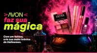 Campanha Avon Faz Sua Mágica com produtos de maquiagem em um caldeirão, inspirada no Halloween.
