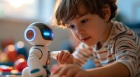 Criança interagindo com brinquedo tecnológico, ilustrando os cuidados recomendados por pediatras sobre inteligência artificial.
