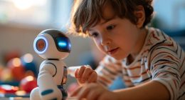 Criança interagindo com brinquedo tecnológico, ilustrando os cuidados recomendados por pediatras sobre inteligência artificial.