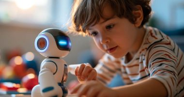 Criança interagindo com brinquedo tecnológico, ilustrando os cuidados recomendados por pediatras sobre inteligência artificial.