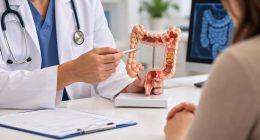 Médico conversa com paciente sobre exames preventivos e rastreamento do câncer de intestino pelo SUS.