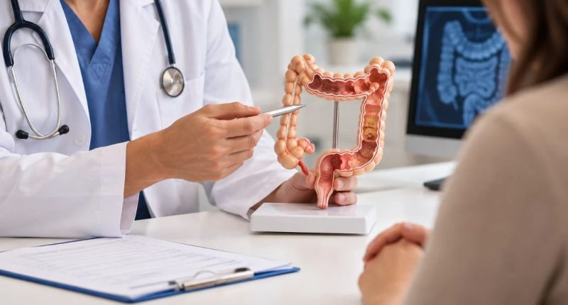 Médico conversa com paciente sobre exames preventivos e rastreamento do câncer de intestino pelo SUS.