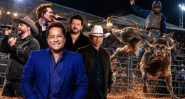 Competidor da PBR Brazil durante montaria em touro, atração da Expogenética MS 2026 em Campo Grande.