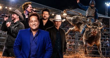 Competidor da PBR Brazil durante montaria em touro, atração da Expogenética MS 2026 em Campo Grande.