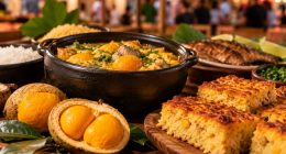 Ilustração de festival gastronômico ao ar livre, com barracas de comidas regionais, visitantes e parque de diversões ao entardecer.