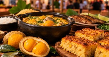 Ilustração de festival gastronômico ao ar livre, com barracas de comidas regionais, visitantes e parque de diversões ao entardecer.