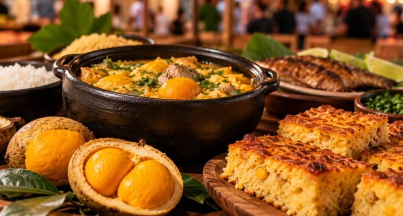 Ilustração de festival gastronômico ao ar livre, com barracas de comidas regionais, visitantes e parque de diversões ao entardecer.