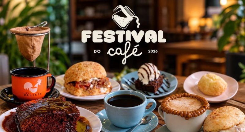 Café e acompanhamentos em mesa de cafeteria, representando o Festival do Café CG 2026 em Campo Grande.